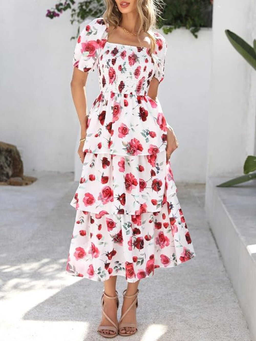 BTFBM Womens Square Neck Smocked Dress Short Sleeve Floral Ruffled NWT Size XL